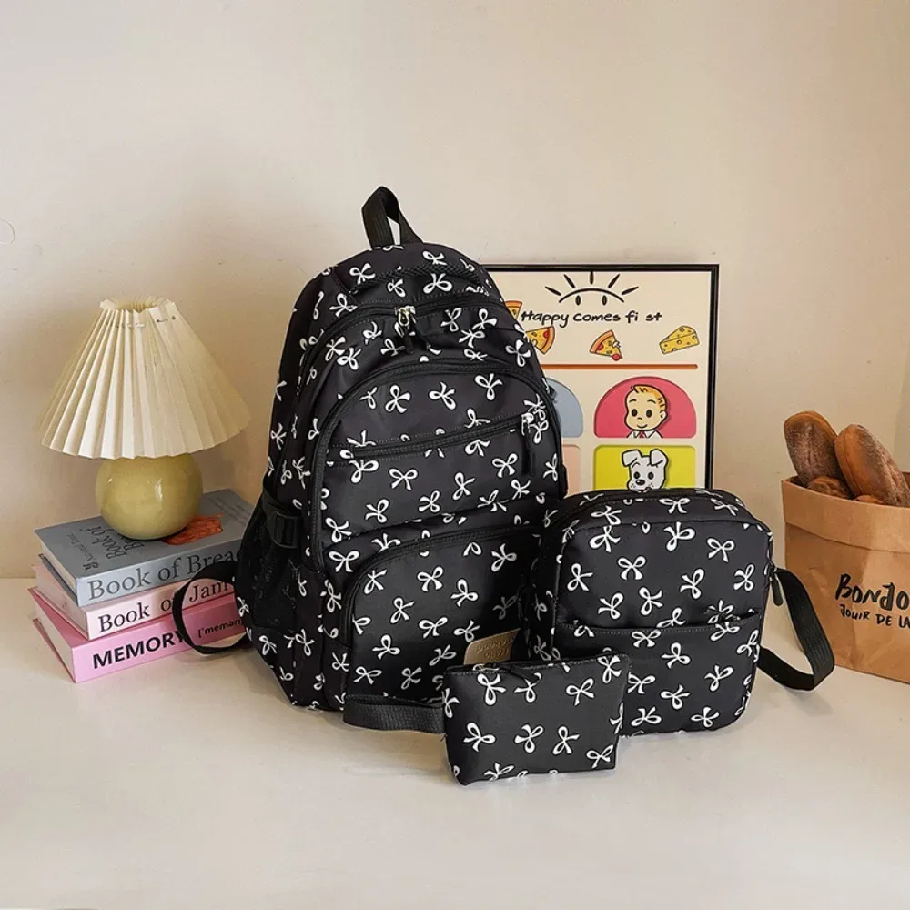 lot de 3 sacs à dos mignons grande capacité avec nœud, en nylon, à bretelles réglables, pour étudiants, imprimé nœud, sac à dos de voyage