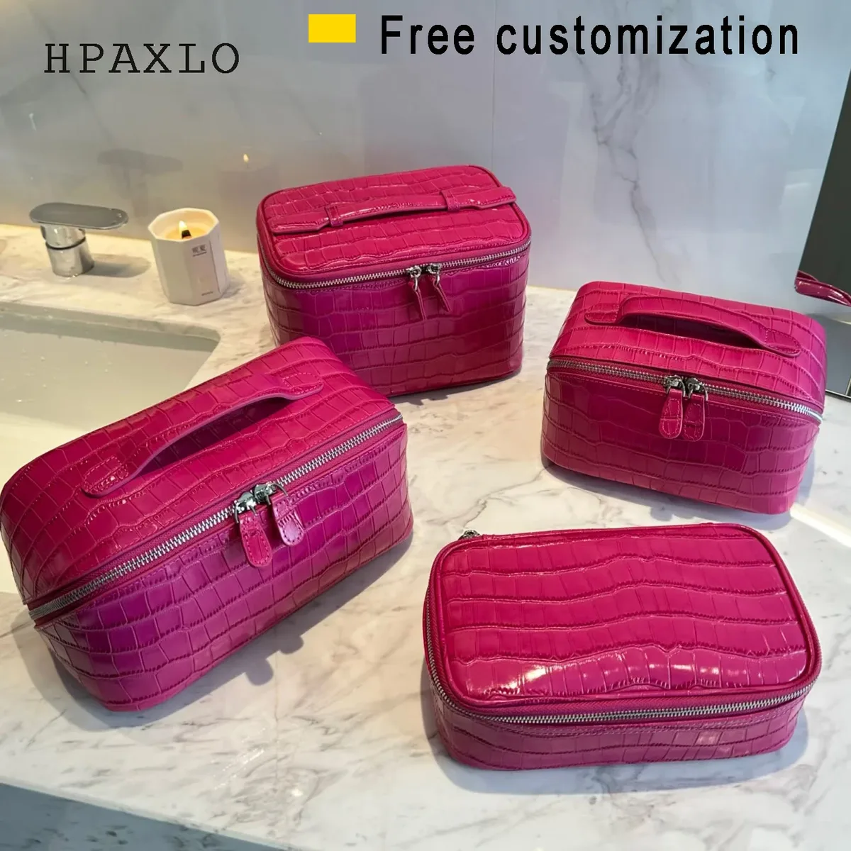 sac à cosmétiques en cuir de vachette à motif crocodile, rouge rose, luxe léger, en cuir véritable, pour femmes, portable, pour le voyage, trousse de toilette