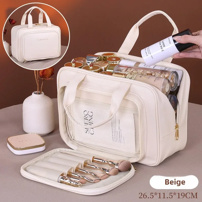 nouveau sac à cosmétiques en cuir pu pour femmes, sac de rangement portable multifonctionnel pour maquillage, sac de rangement de toilette de voyage de grande capacité