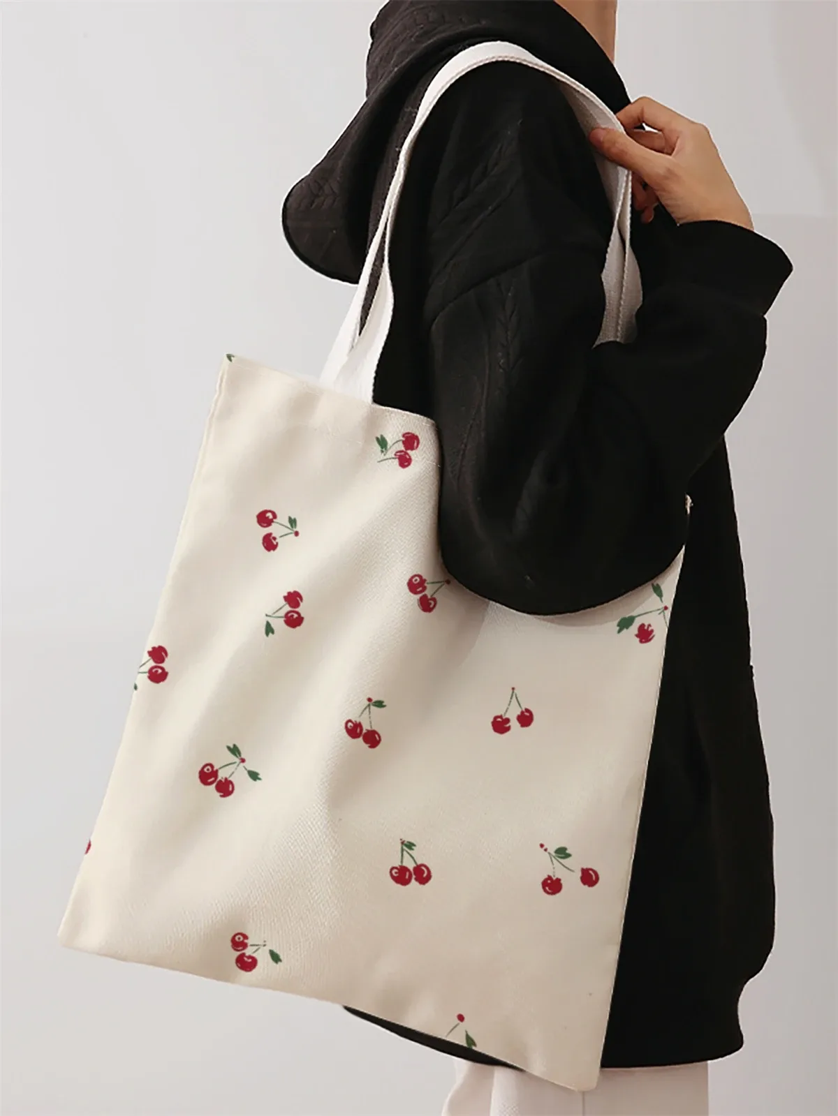 Sac à main décontracté imprimé motif cerises, sac à dos réutilisable et tendance, sac à main multifonctionnel, sac de shopping en toile