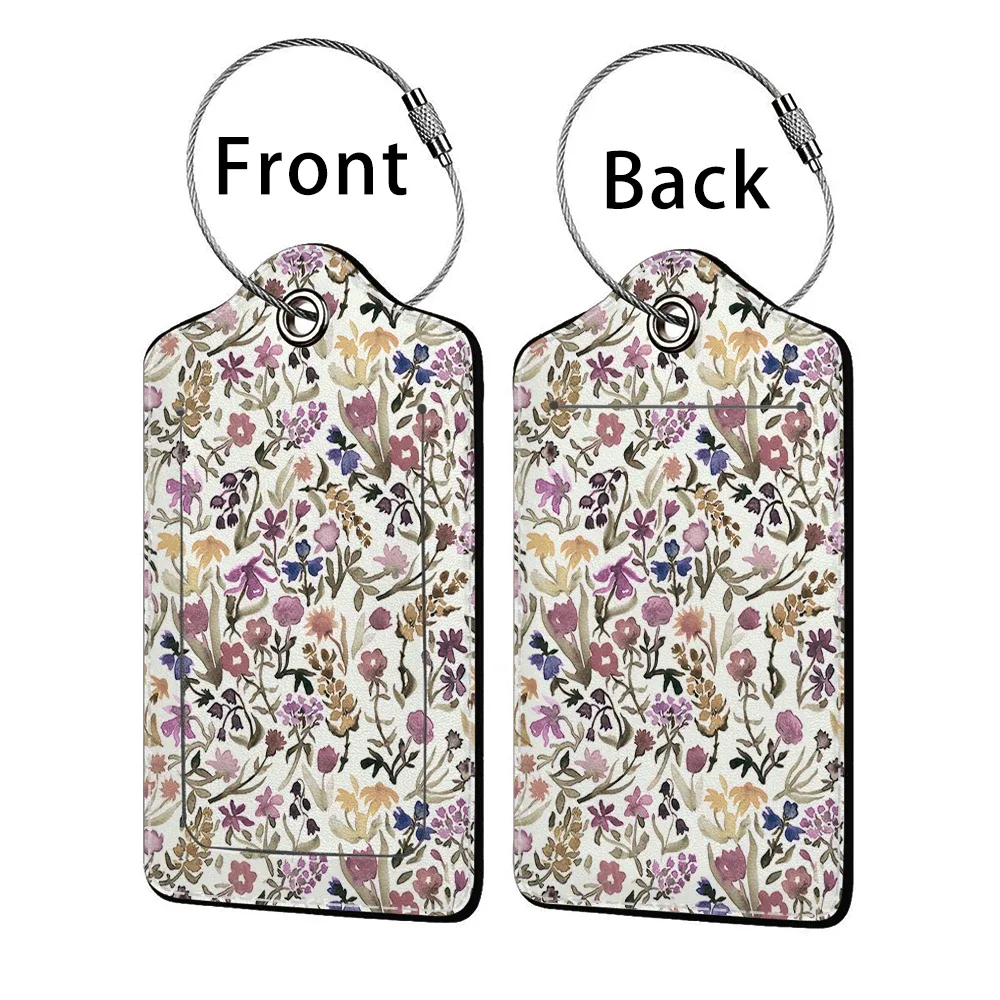 étiquette bagage polyuréthane motif floral subtil fond beige anneau métallique voyage affaires identification nom adresse