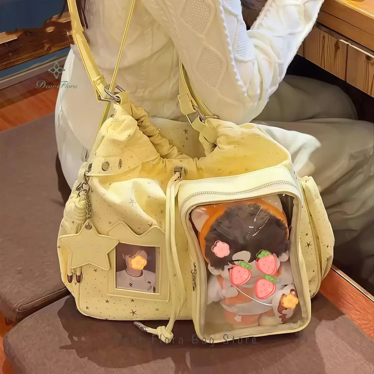 nouveau sac à dos ita y2k à cordon de serrage à pois étoilés, sac à bandoulière transparent mignon pour fille, grande capacité, sac à dos de présentation pour poupées diy