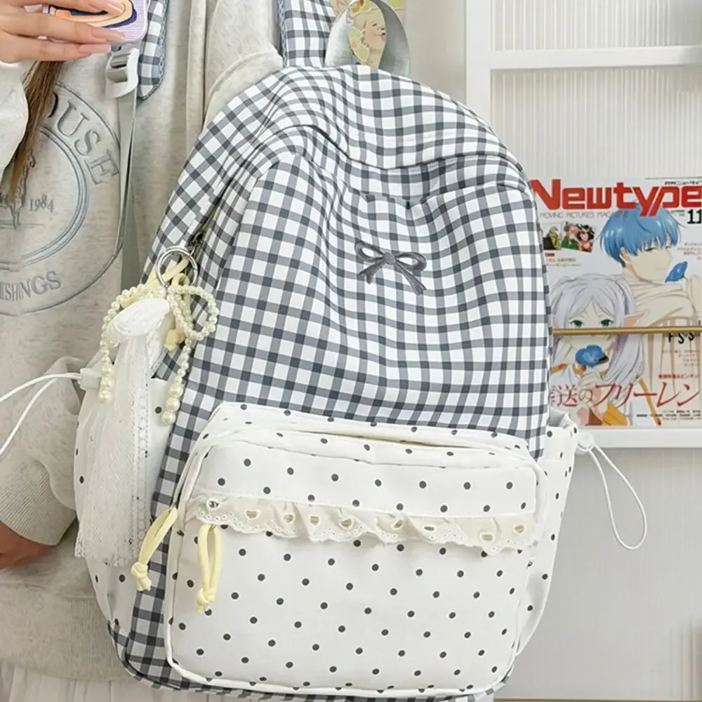 sac à dos tendance à pois, avec nœud et bordure en dentelle à carreaux, léger, grande capacité, pour usage quotidien.
