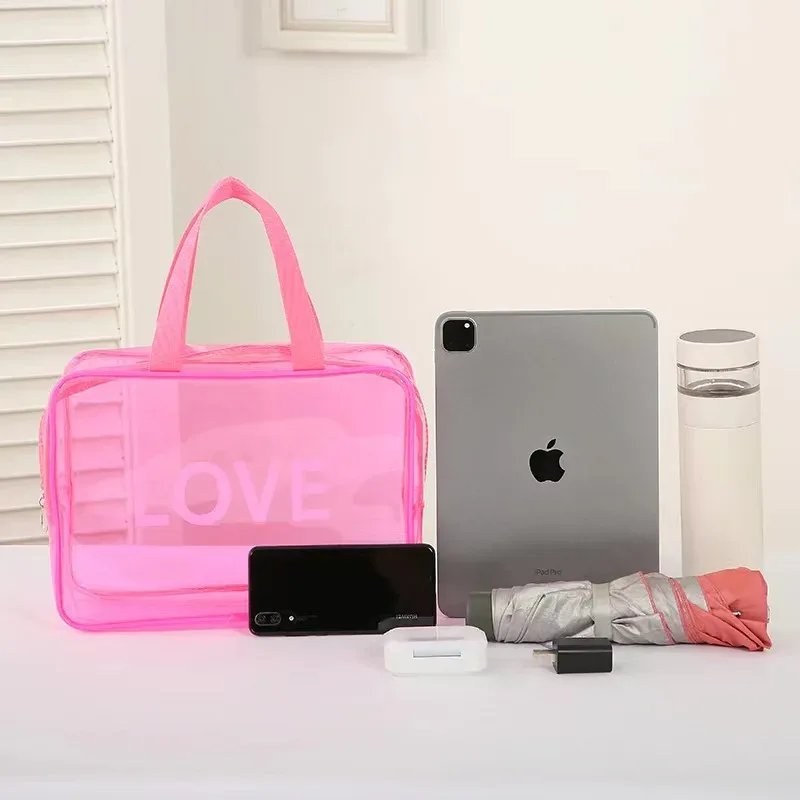 trousse de maquillage imprimée - motif love - organisateur de rangement transparent pour articles de toilette - sac de rangement pratique pour les voyages