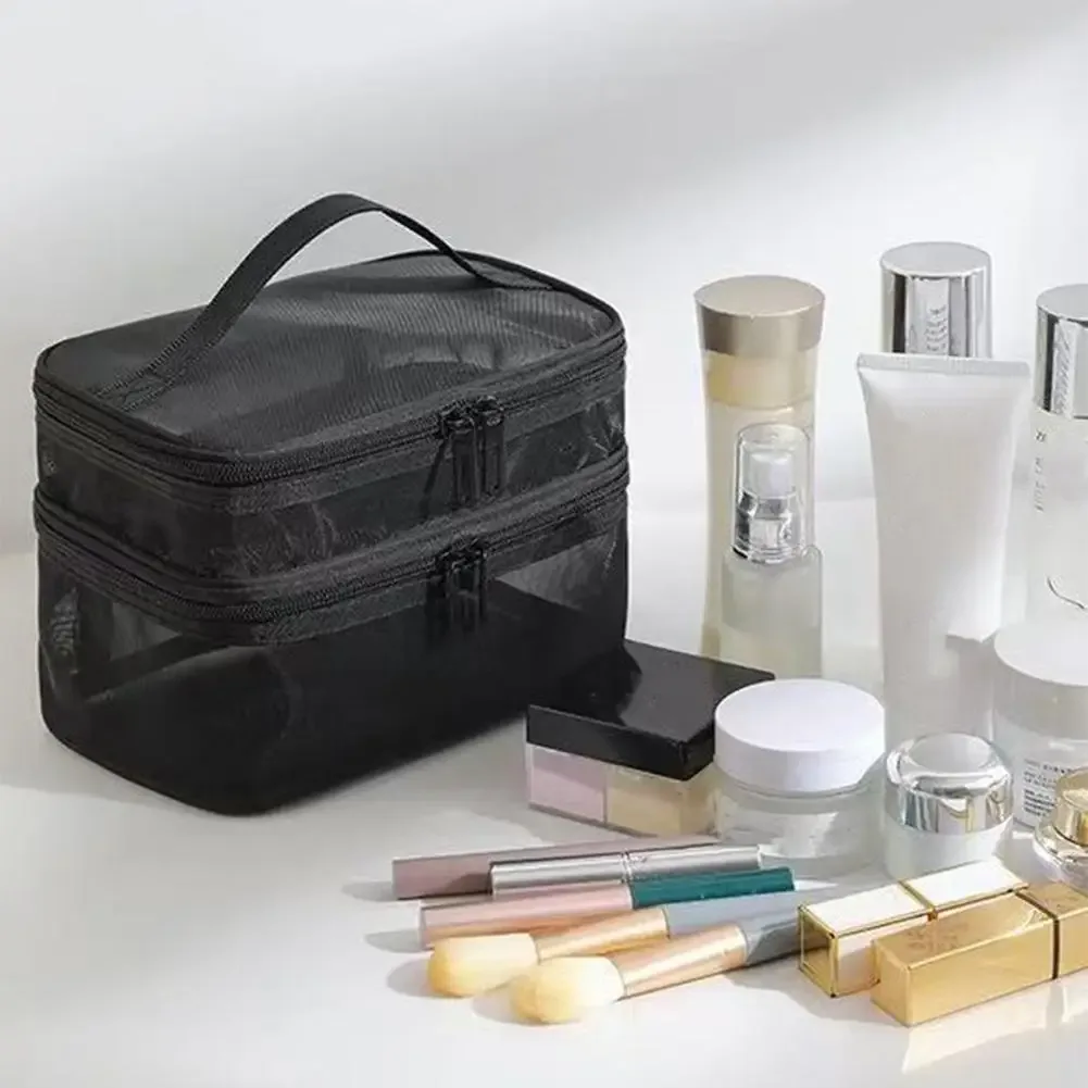sac à cosmétiques en maille double couche, organiseur de maquillage de voyage, pochette à maquillage transparente à double ouverture, trousse de toilette portable imperméable pour femmes
