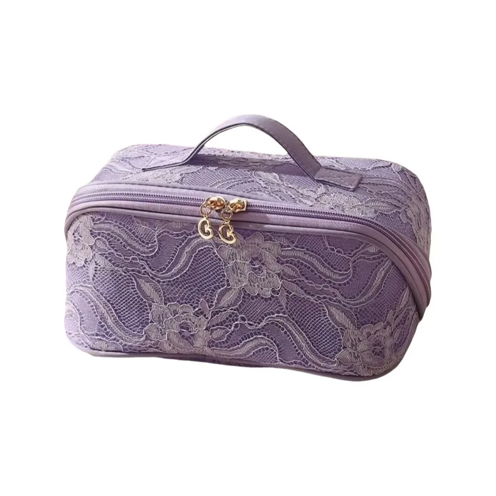 trousse de maquillage élégante en dentelle couleur unie grande capacité avec poignée sac de rangement cosmétique respirant trousse de toilette florale plage