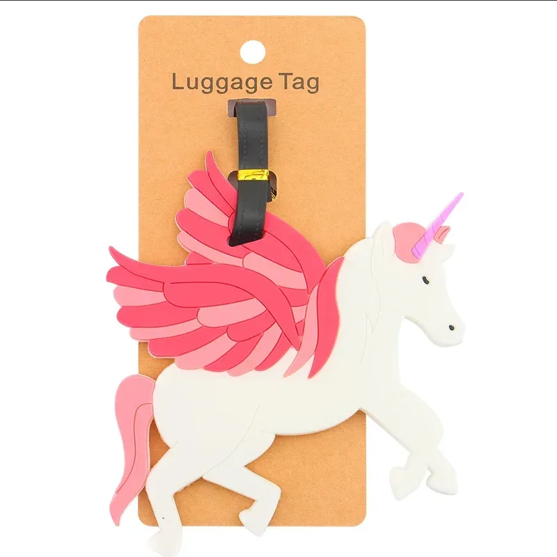 étiquette bagage plastique pvc silicone motifs dessin animé fruits animaux gâteaux licorne visages souriant coeurs avions rose blanc bleu vert jaune violet voyage