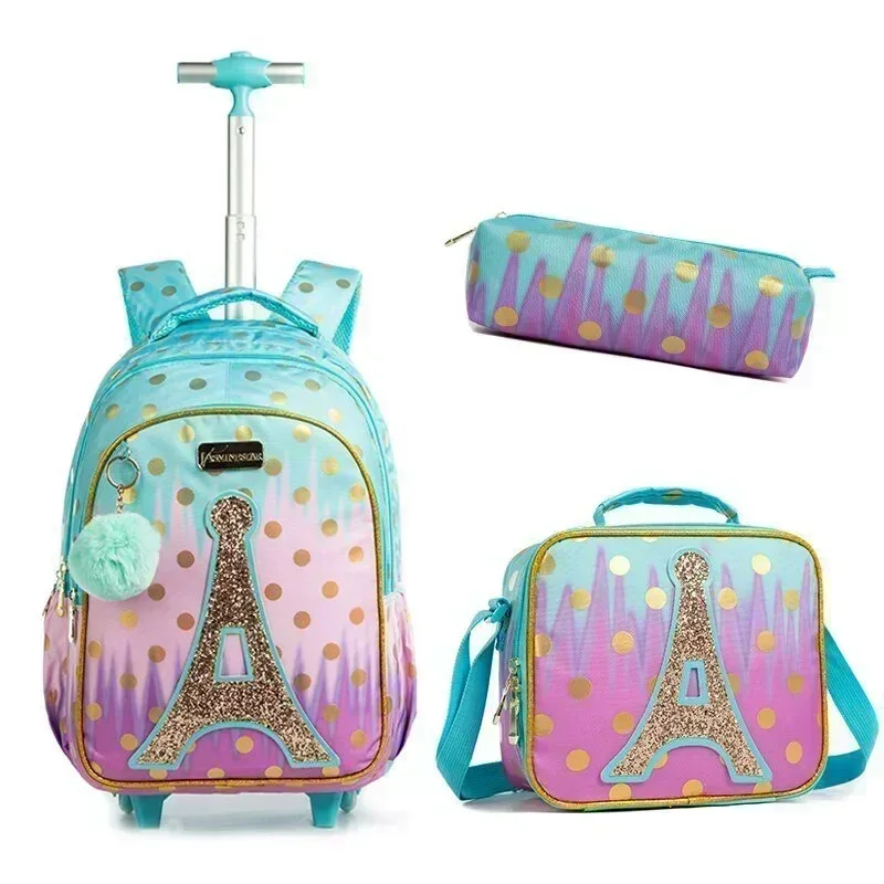sac dos polyester toile dessin animé bleu pastel coeurs dorés love scolaire transport voyage filles