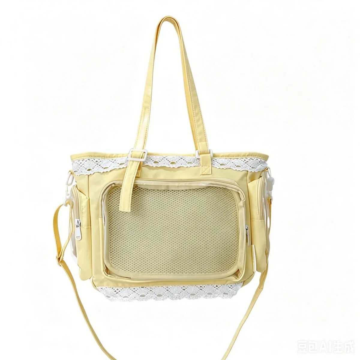 sac fourre-tout ita bag kawaii jaune en dentelle, grande capacité, avec fenêtre transparente pour l'affichage des badges anime, sac à bandoulière lolita mignon pour com