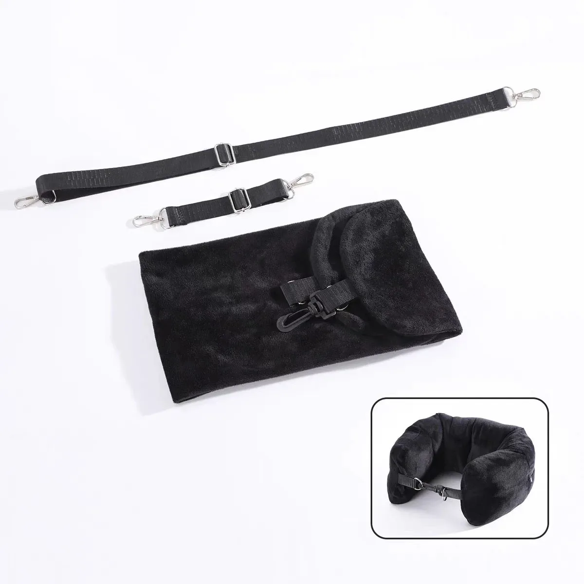 oreiller voyage forme u tissu noir velours pochette amovible confort personnalisable portable hygiénique usage multiple