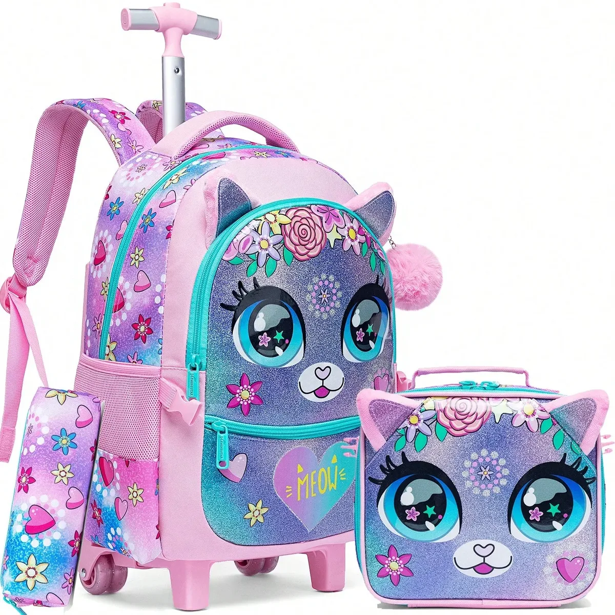 interrupteur sac à dos à roulettes pour filles, sacs à dos à roulettes pour élèves du primaire, bagages de voyage 3 en 1, valise à main, 3 pièces