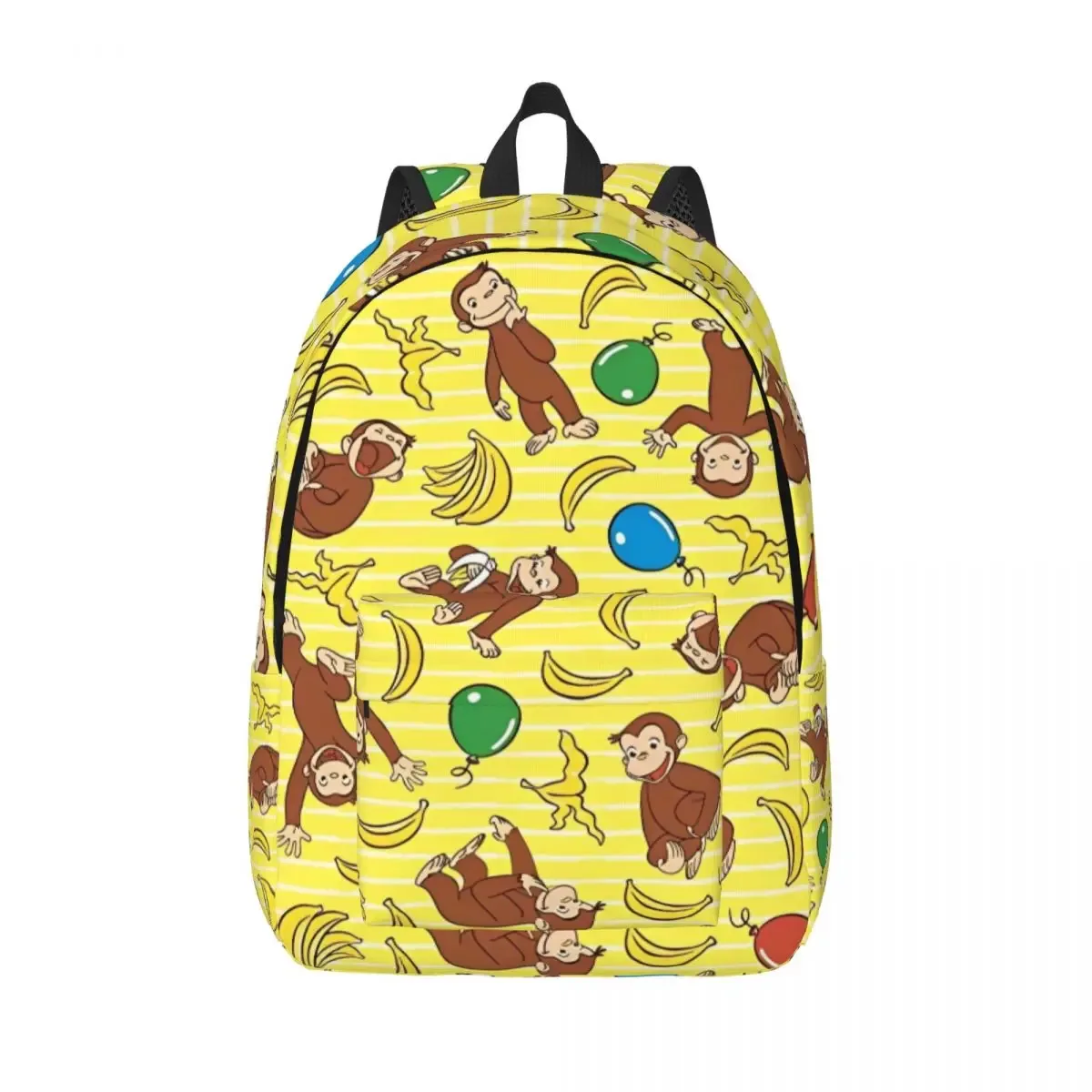sac dos toile polyester jaune vif singes bananes ballons rayures horizontales poche intérieure fendue fermeture éclair transport journalier