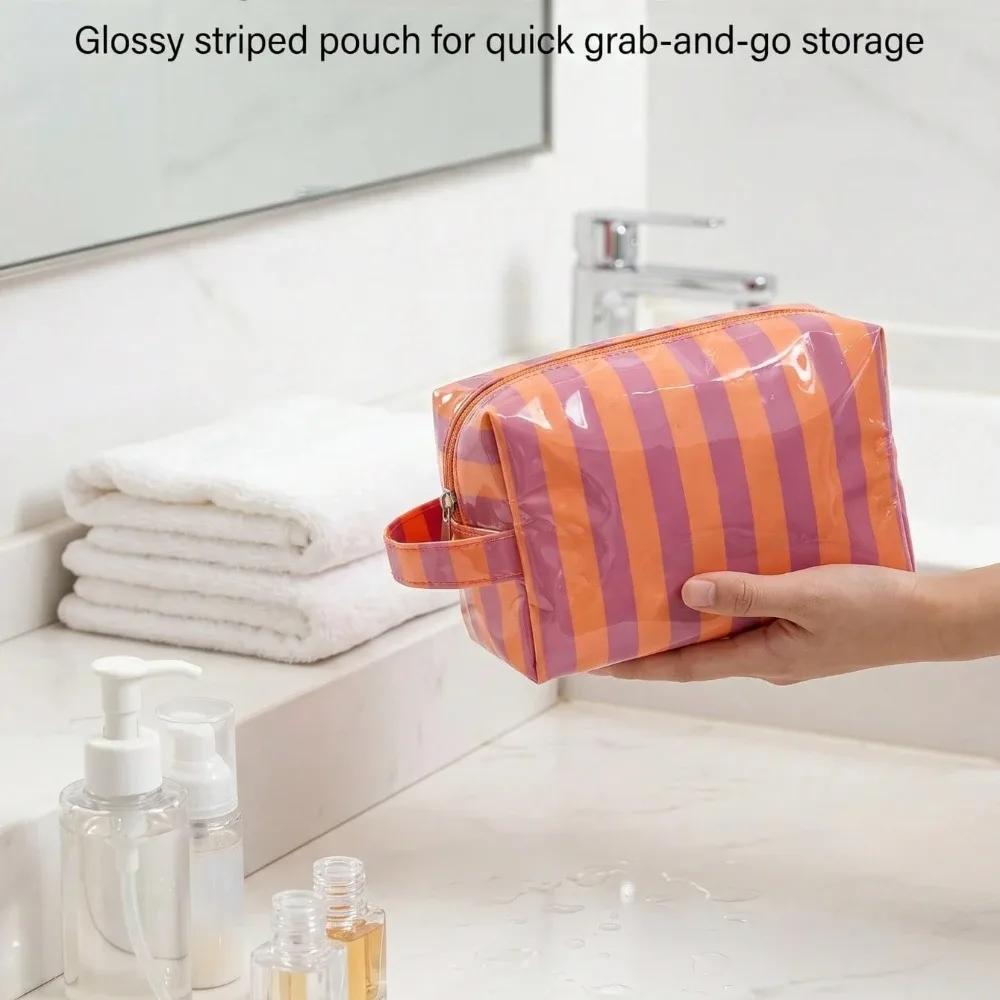 trousse de maquillage de voyage légère et de grande capacité, avec fermeture éclair à rayures et un espace dédié pour ranger les cosmétiques