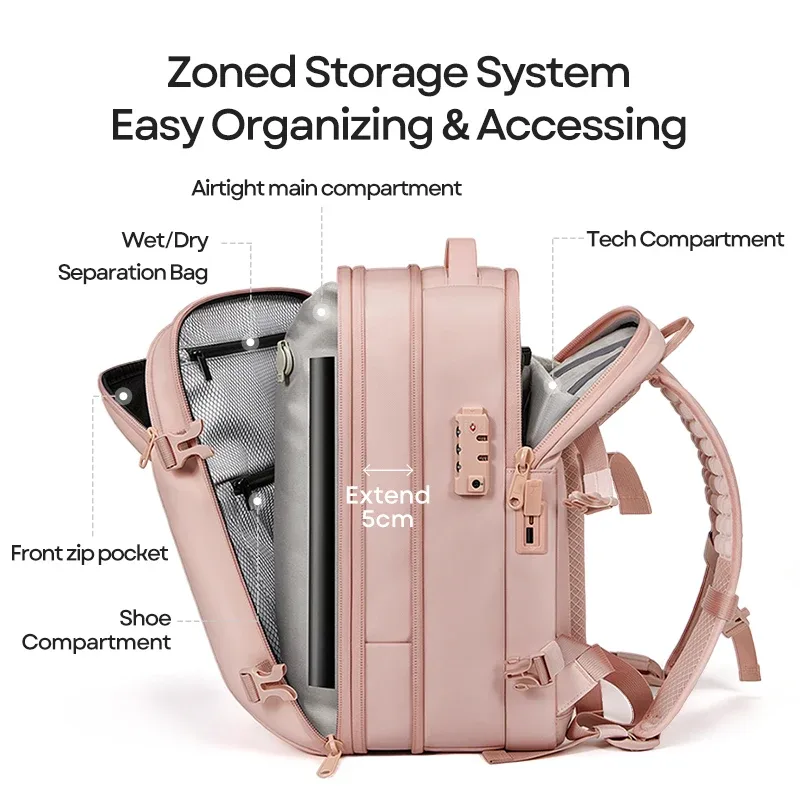 sac à dos de voyage pour femme, sac à dos à compression sous vide pour ordinateur portable 16 pouces, sac à dos scolaire avec chargement usb, sac à dos de randonnée et d'affaires extensible