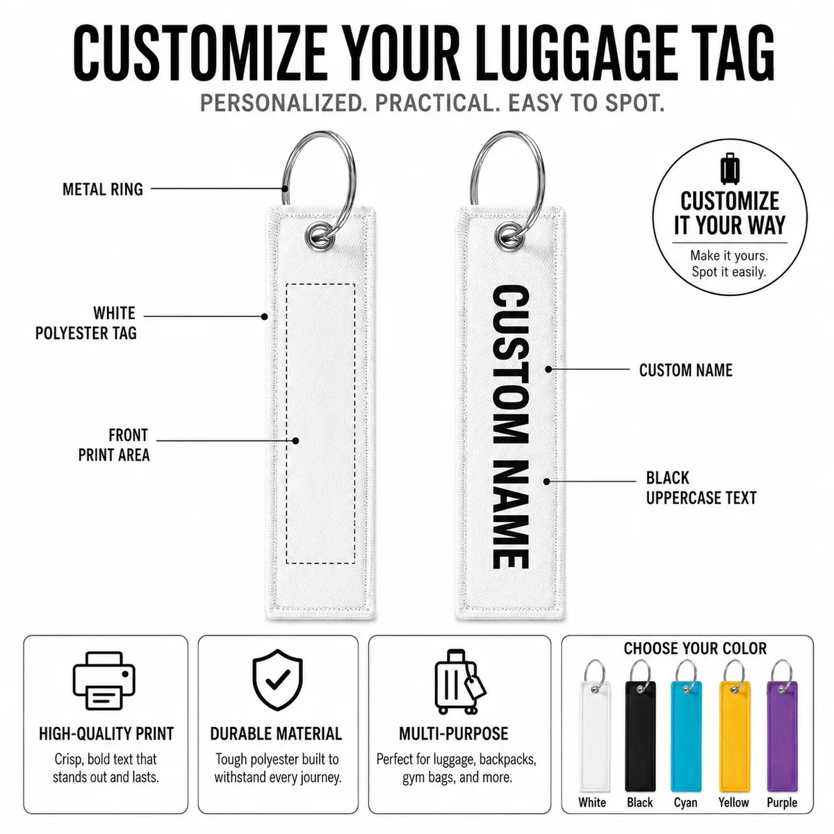 étiquette bagage polyester blanc noir cyan jaune violet voyage identification valise sac dos téléphone voiture