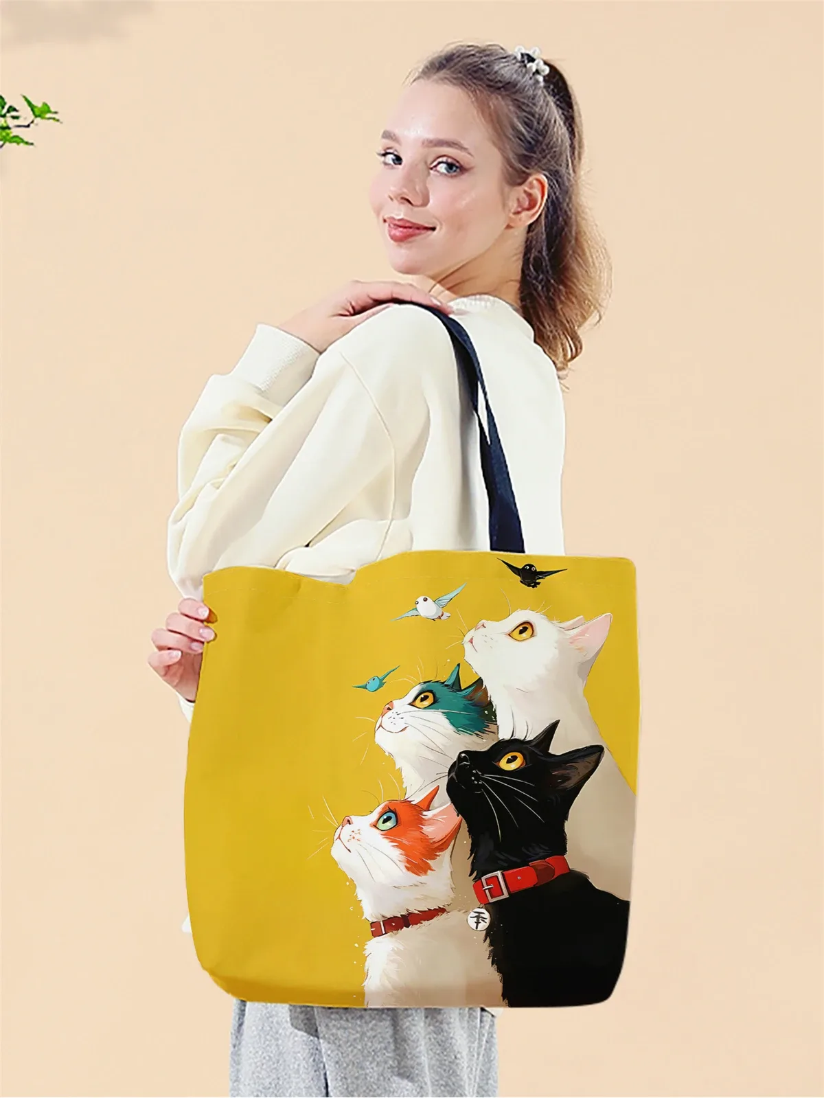 1 pièce, sac à main motif chat empilé, sac à main réutilisable et tendance, sac à main multifonctionnel, sac de shopping en toile imprimée
