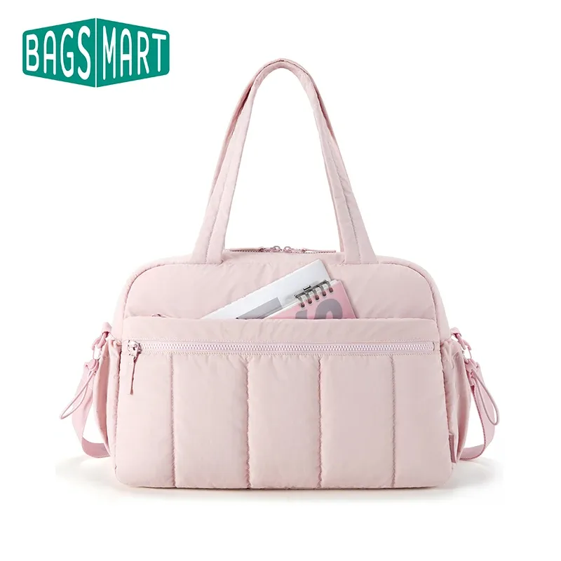 sac voyage polyester doux rose pâle blancs poignée bandoulière amovible compartiment humide week end sport yoga
