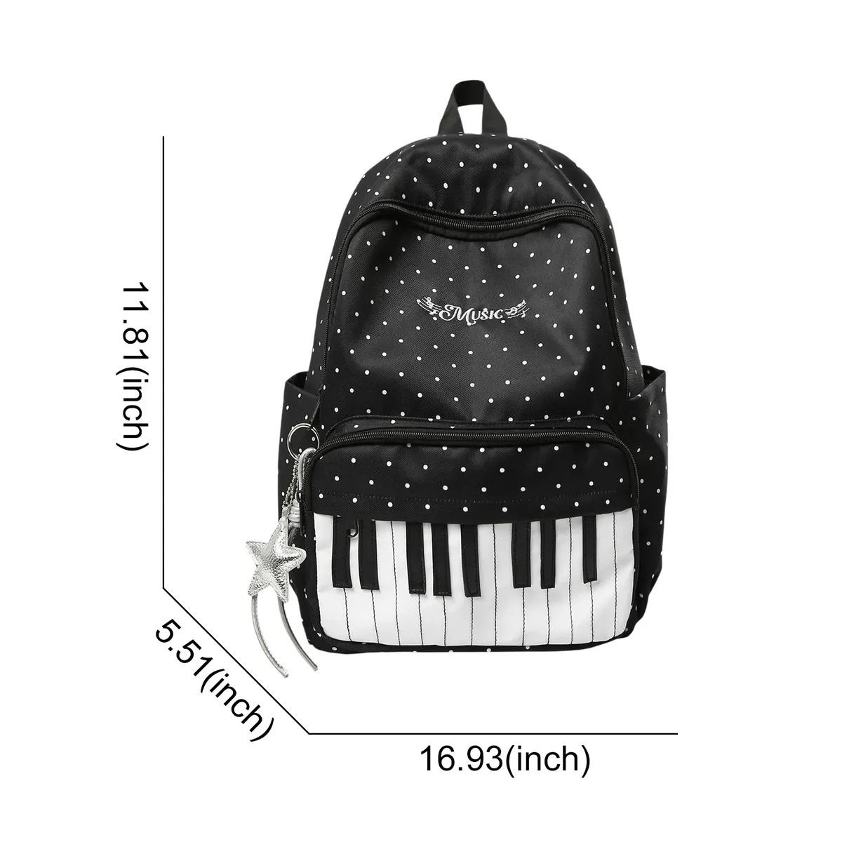 sac à dos décontracté en nylon de 16,9 pouces à pois avec motif clavier de piano et pendentif pour filles, idéal pour les voyages, le shopping et l'usage quotidien