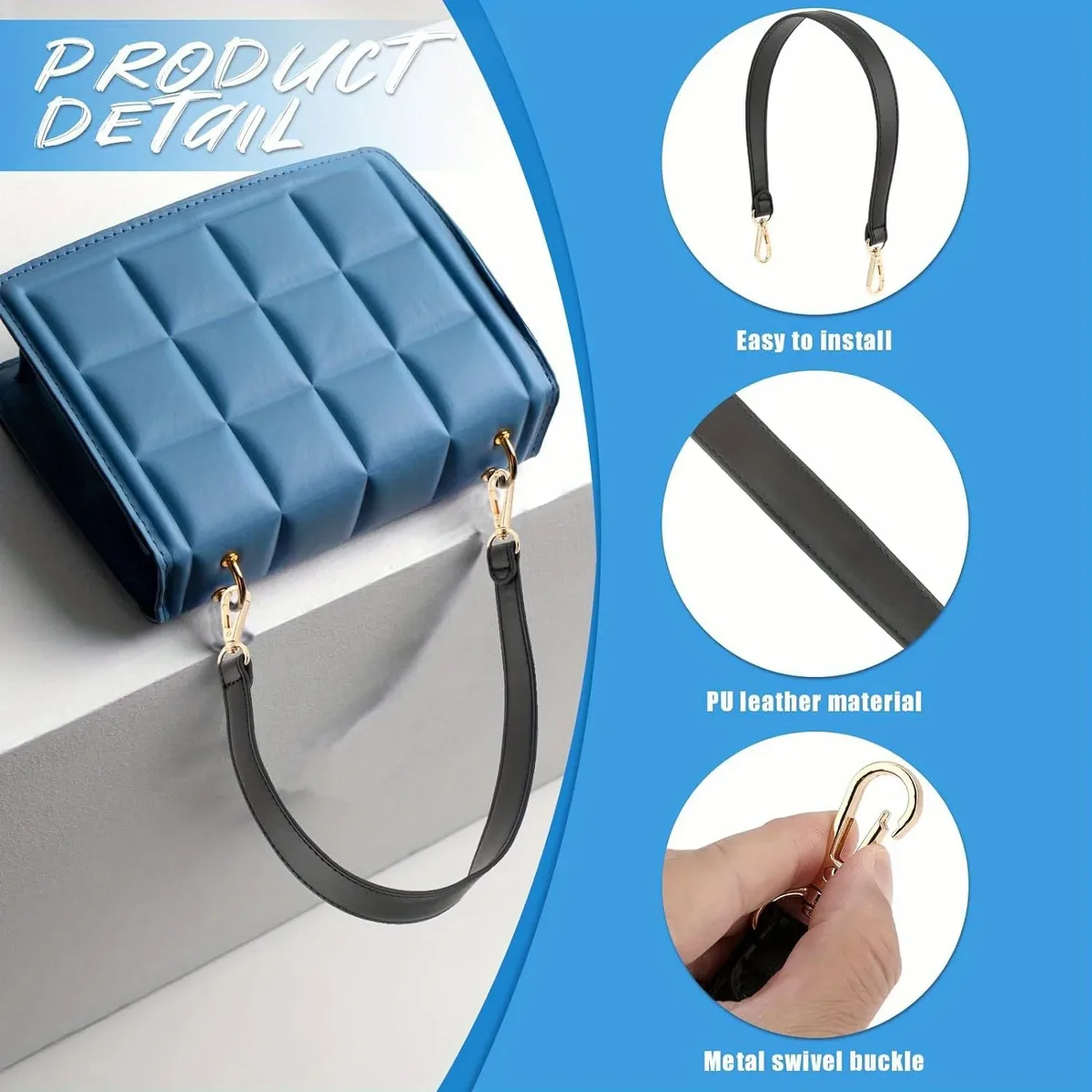 sangle de sac à bandoulière en cuir noir, poignée de sac à main en cuir de 19 pouces, sangles de remplacement avec fermoirs pivotants