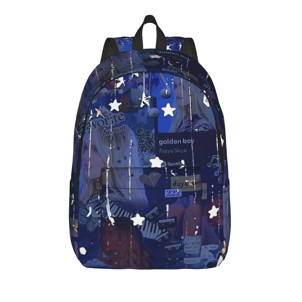 sac à dos freya skye avec patchwork photo et texte bleu, sacs à dos modernes pour garçons, sacs de randonnée souples, sacs d'école secondaire, sac à dos de créateur