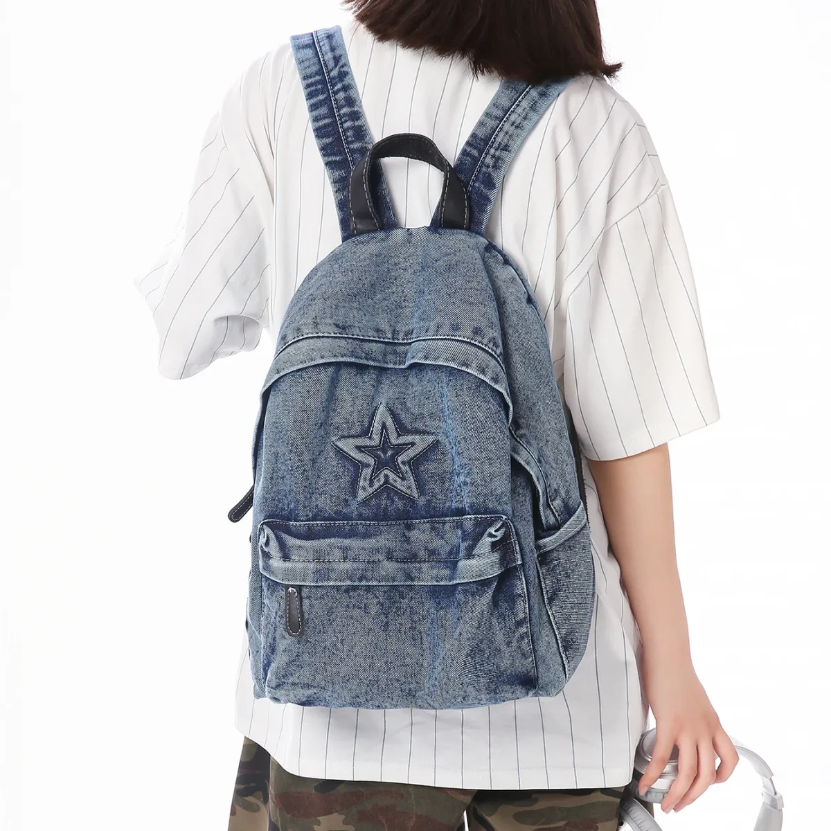 sac à dos en jean délavé vintage avec broderie étoile, style y2k vieilli, mignon, pour adolescents et étudiants, idéal pour l'école, le quotidien et les activités de plein air