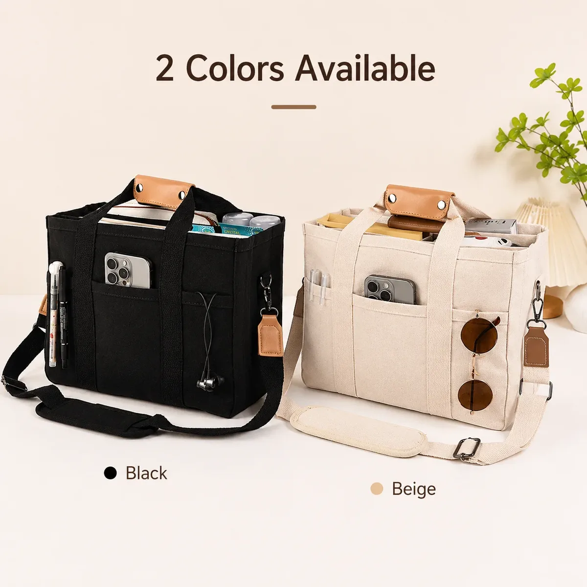 sac fourre-tout en toile de grande capacité avec plusieurs poches, bandoulière amovible pour le travail, l'école et les voyages