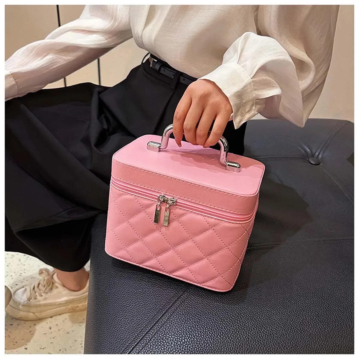 trousse de maquillage portable de luxe, étui à cosmétiques monochromatique, boîte de rangement de maquillage, carreaux de diamant rouge net, fil de littérature, nouveau