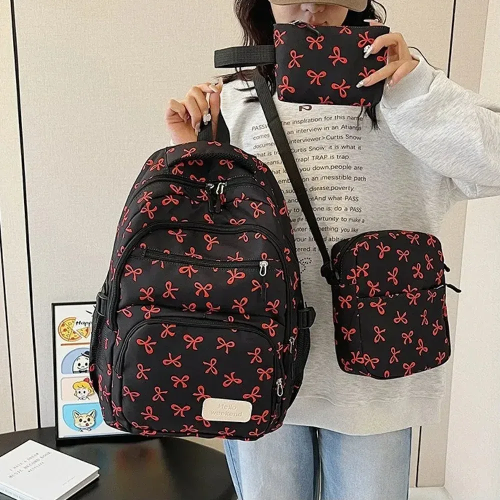 Lot de 3 sacs à dos mignons grande capacité avec nœud, sac d'école en nylon imprimé nœud, sac à dos de voyage à bretelles réglables