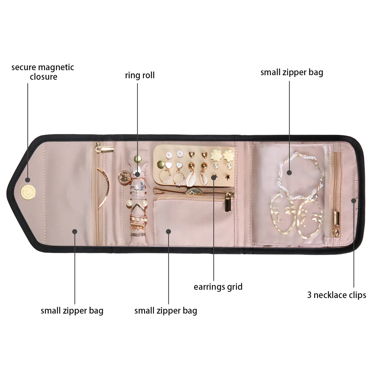 trousse toilette flanelle polyester noire beige geometrique matelasse portable voyage cosmétiques bijoux ornement doré perles blancs