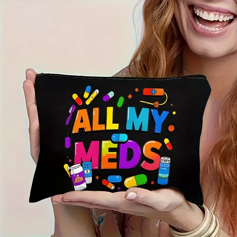 pochette voyage polyester motif médicaments multicolore organisateur cosmétiques compacts trousse toilette salle bain trajet transport sac rectangulaire noire blanc imprimé