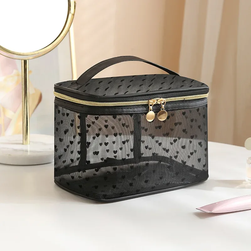 sac à cosmétiques en maille noire double couche, trousse de maquillage portable de grande capacité, pochette de rangement, trousse de toilette à fermeture éclair