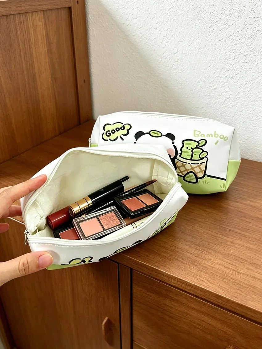 sac de rangement imprimé panda blanc et vert, pochette à fermeture éclair de grande capacité pour papeterie et cosmétiques, imperméable et résistant aux rayures