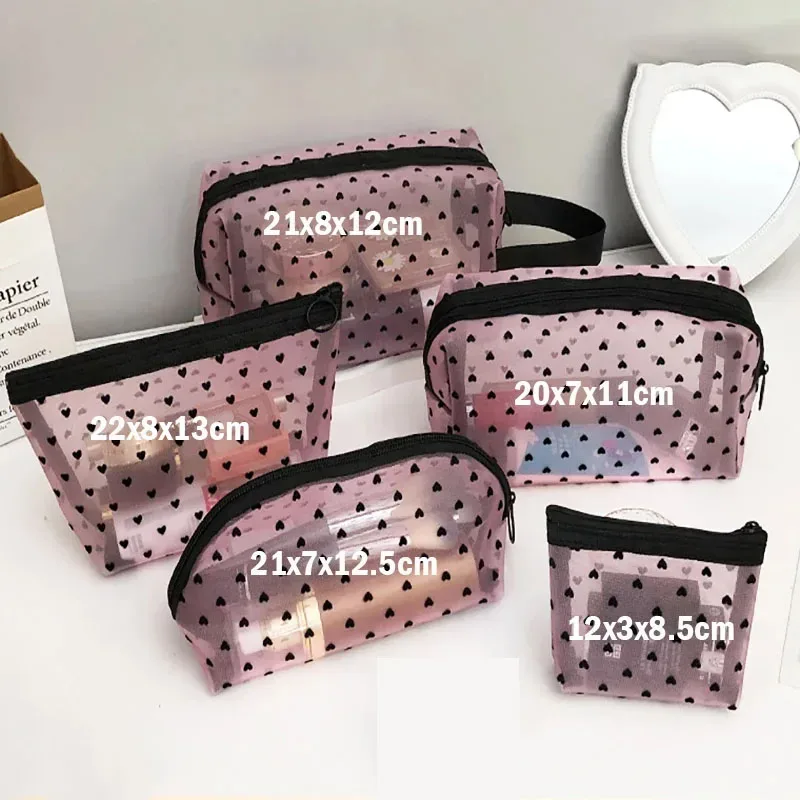 sac de maquillage en maille transparente en forme de cœur, pochette de rangement de cosmétiques portable multifonction pour femmes, sacs de rangement de rouge à lèvres de toilette pour dames