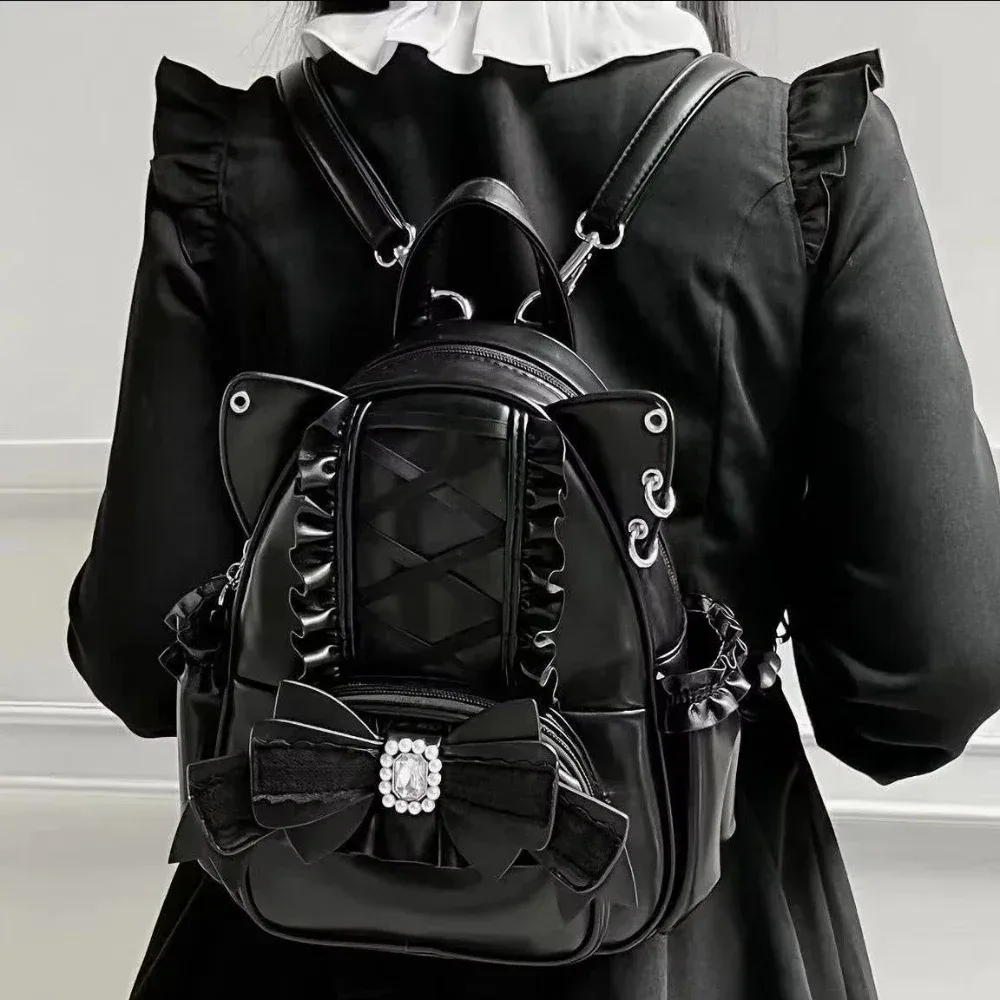 mode coréenne y2k punk sac à dos dentelle arc chat oreille lotus dentelle décoration lolita sac à dos en cuir pu grande capacité femmes sac à dos