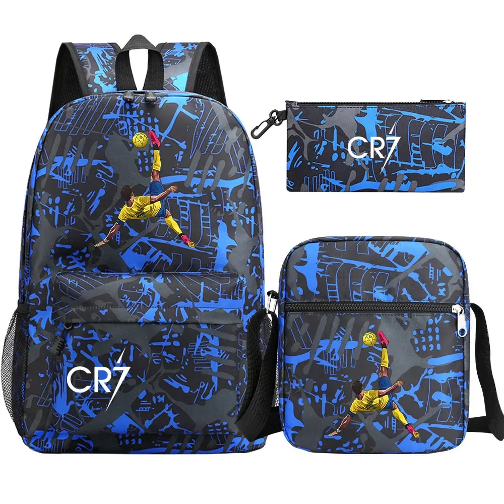 football star cr7 3 pièces garçon fille retour à l'école livre sacs, étudiant sac à bandoulière porte-crayon sac à dos, adolescents mochila hommes femmes