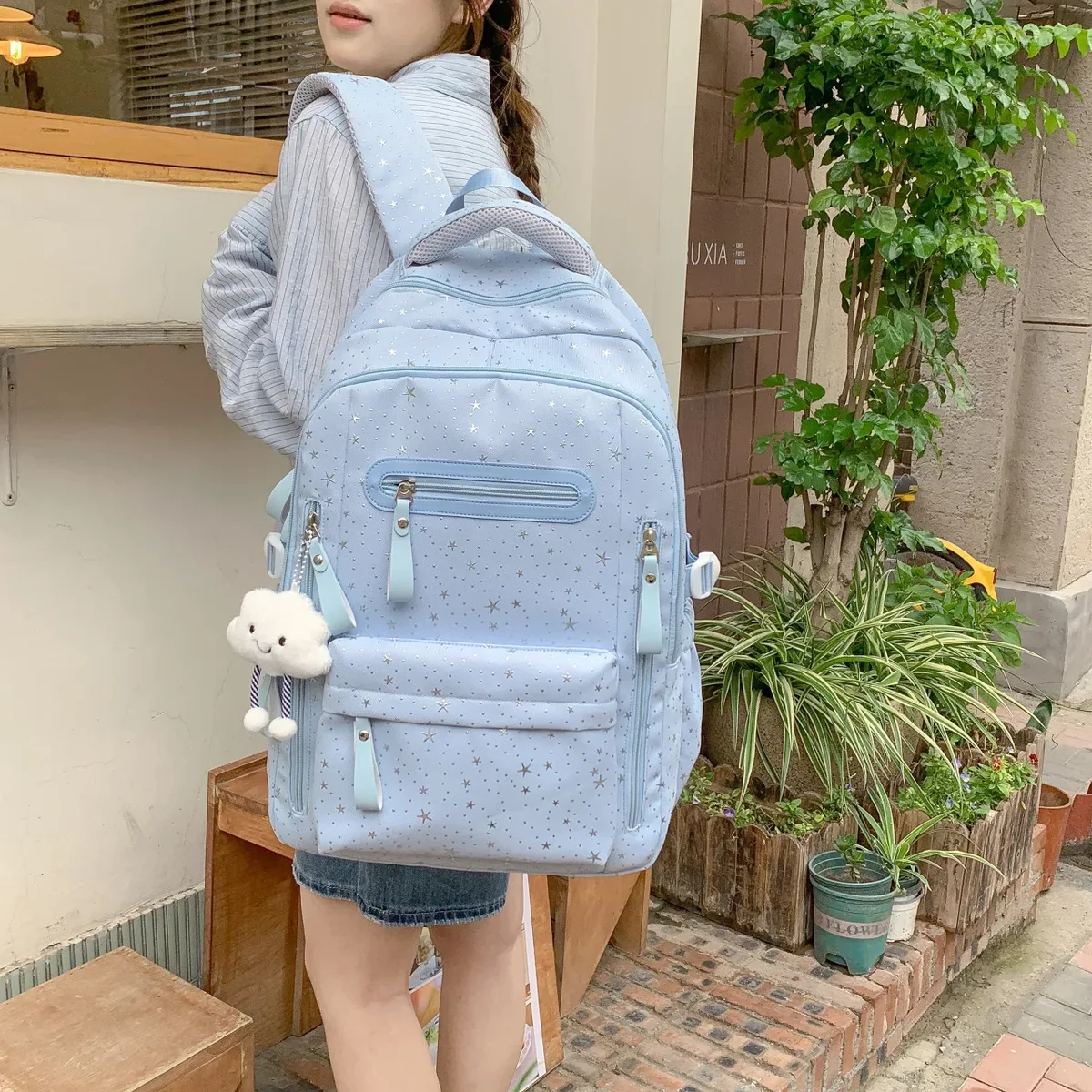sac à dos de grande capacité de couleur unie, multifonctionnel, léger, respirant, sac d'école pour étudiants, sac à dos de voyage à la mode avec imprimé étoile
