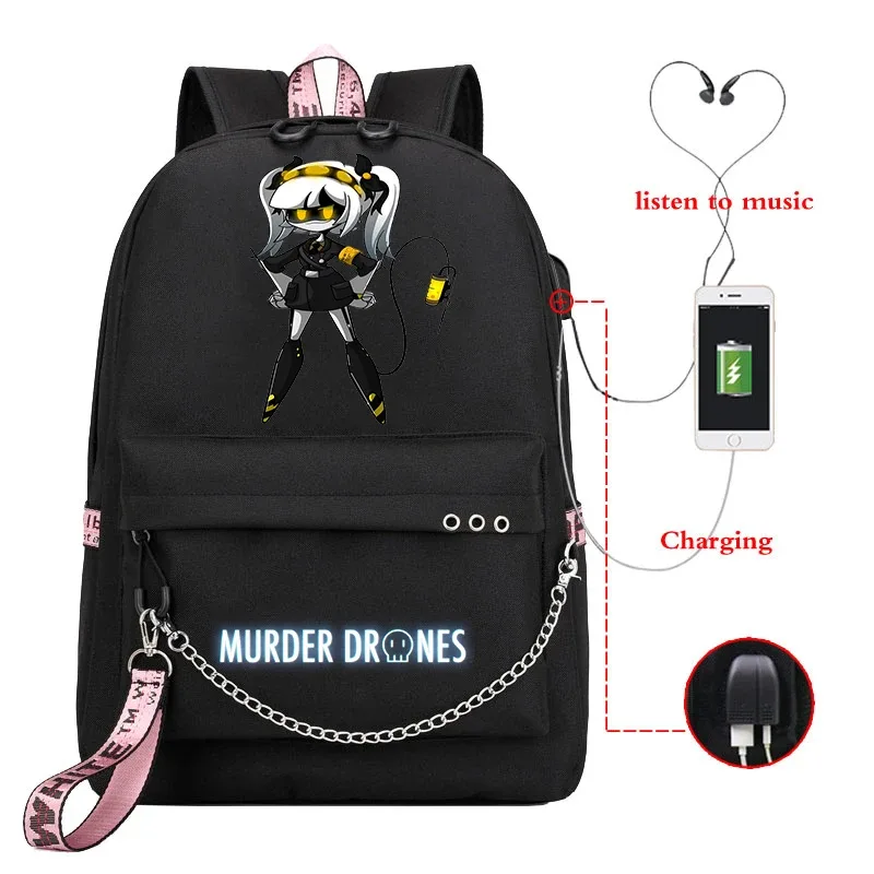 sac dos toile dessin animé personnages colorés logo murder drones chaîne métallique câble usb voyage capacité 20 35 litres