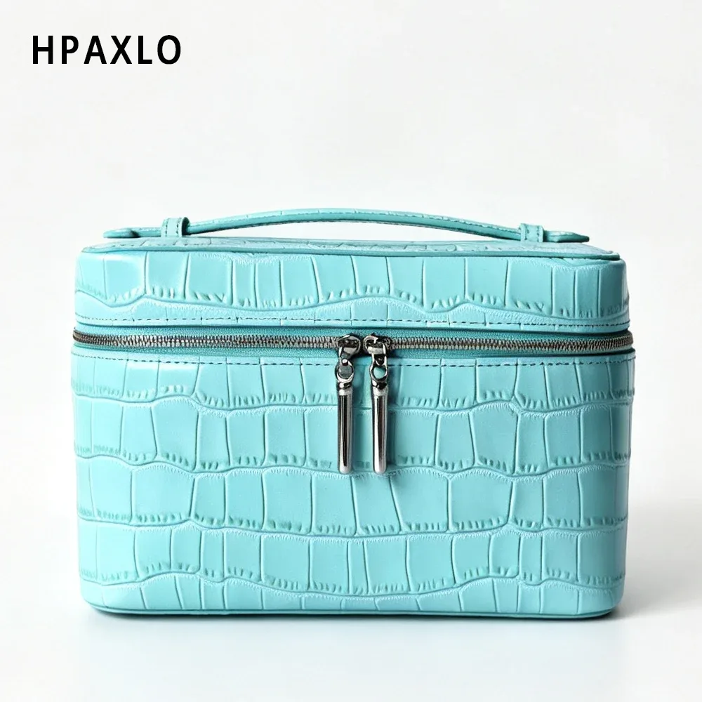 trousse de maquillage en cuir pleine fleur imprimé crocodile bleu, sac de toilette, cadeau femme, étui cosmétique, organisateur de maquillage de voyage