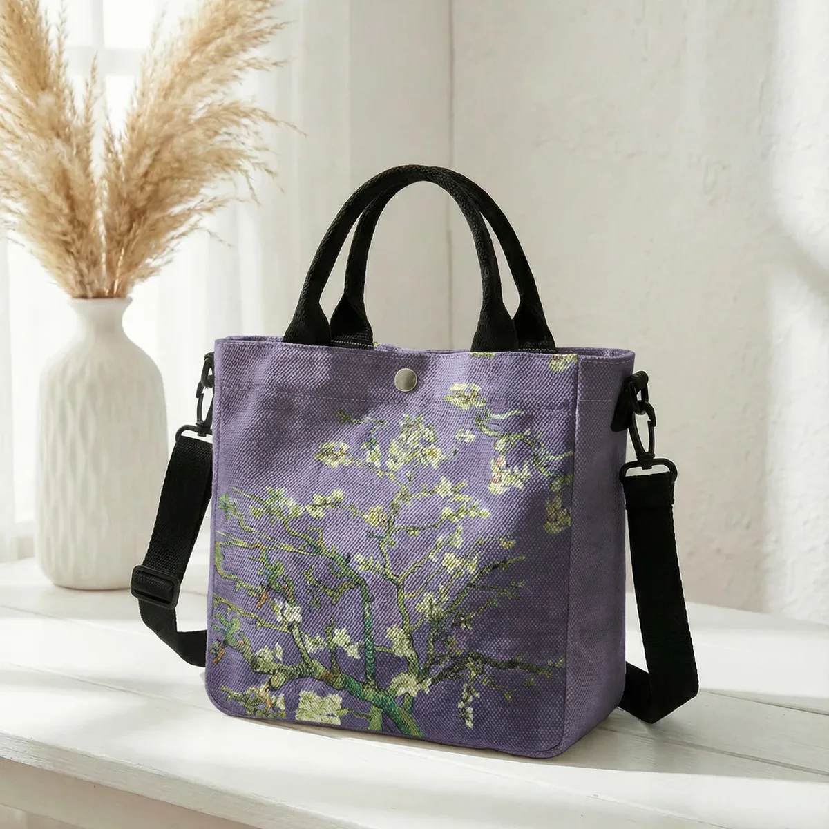 sac fourre-tout en toile avec peinture à l'huile van gogh almond blossom, bandoulière amovible, sac à main pour femme, pour les courses quotidiennes