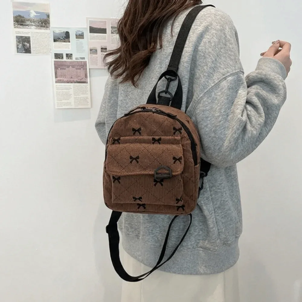 sac à dos mini décontracté en velours côtelé, imprimé nœud papillon, sac à dos multi-nœuds, sac de rangement pour cosmétiques, sac à bandoulière léger pour les trajets quotidiens
