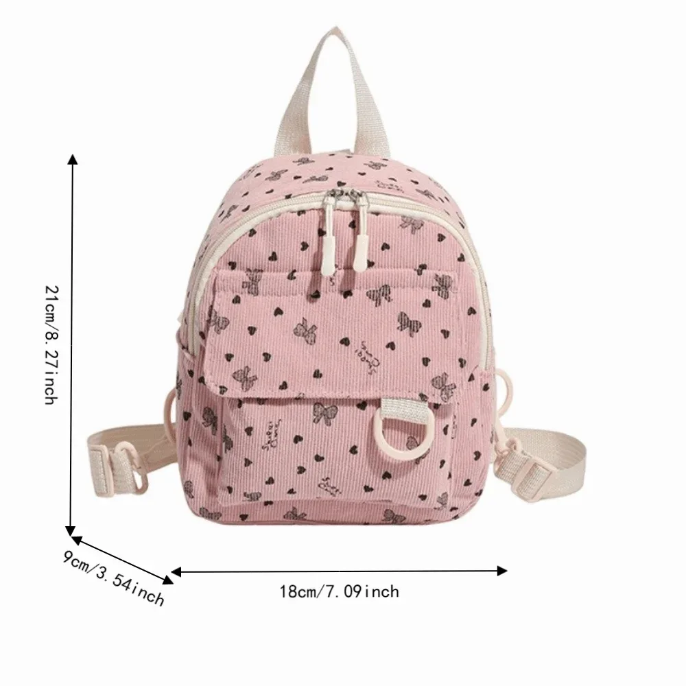 mini sac à dos en velours côtelé léger avec imprimé cœur et nœud, décontracté, à fermeture éclair, multi-compartiments, sac à bandoulière
