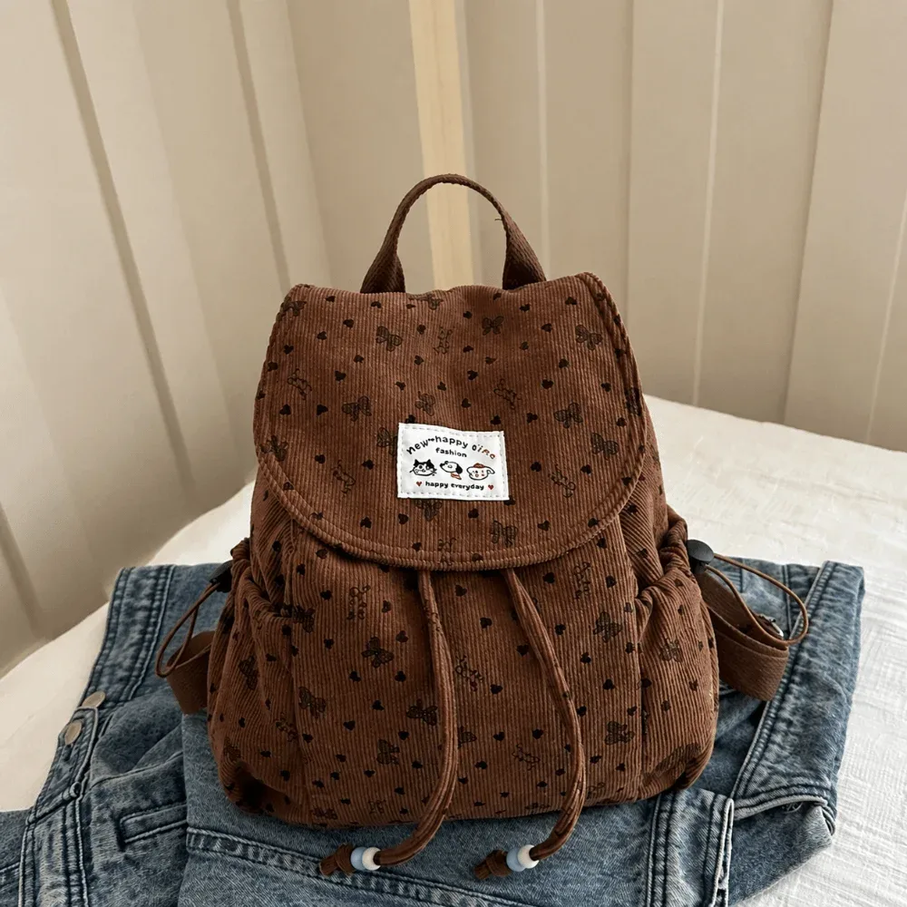 sac à dos léger en velours côtelé à imprimé nœud papillon, décontracté, grande capacité, avec cordon de serrage, polyvalent, design simple, pour étudiant