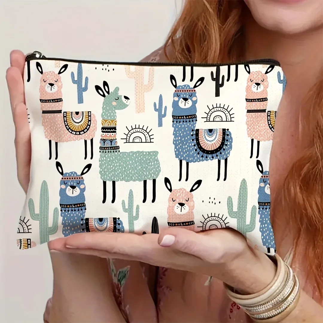 trousse de maquillage à imprimé animal fantaisiste, 1 pièce, organisateur de cosmétiques de voyage de grande capacité avec fermeture à glissière, lama et designs mignons