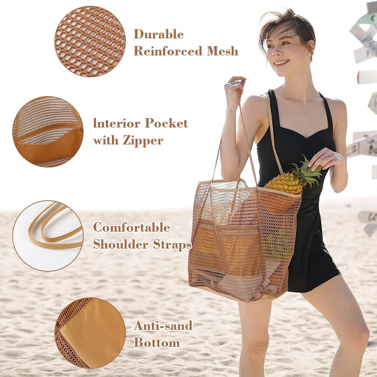 sac fourre-tout de plage de grande capacité pour femmes – sac à bandoulière tissé en polyester durable avec dessus ouvert pour les voyages, le shopping