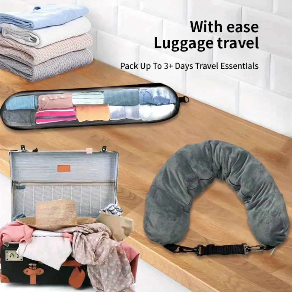 oreiller de voyage avec poudres de stockage, soutien du cou en polyester réglable, confortable et léger