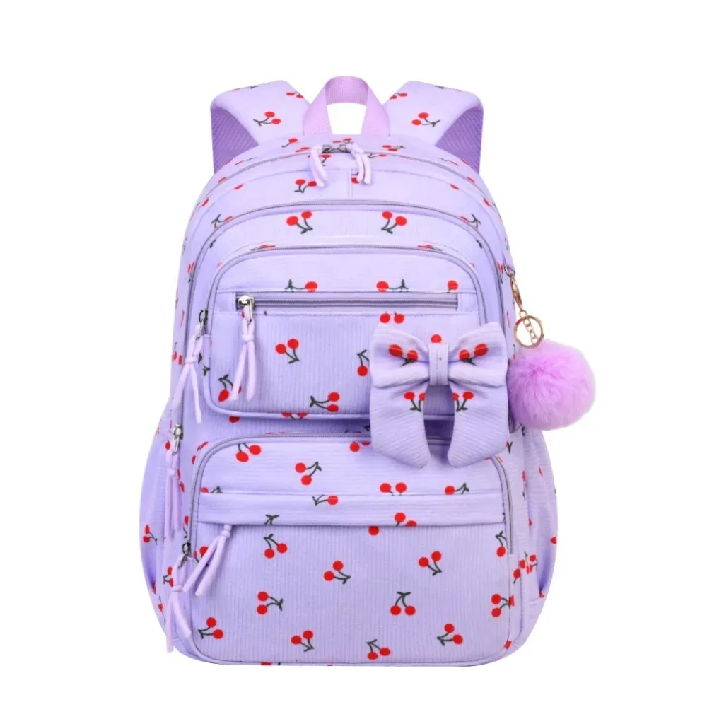 sac dos nylon dessin animé violet cerises rouges sac lunch boîte crayons poignees pompons compartiment isolant visibilite sécurité enfants