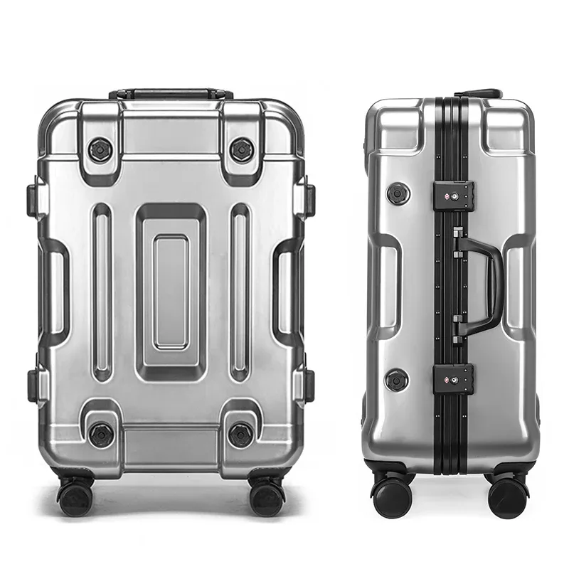 valise aluminium radiateur structure carrée argentée accents noirs lignes verticales horizontales bagages voyage durables