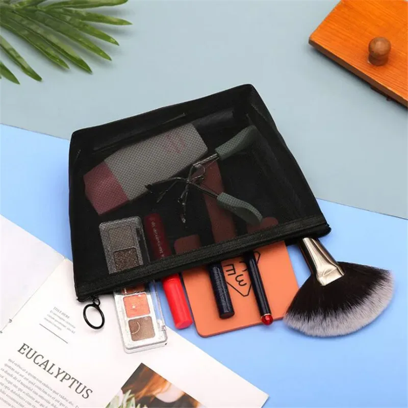 sacs à cosmétiques transparents en maille, petite et grande trousse de maquillage noire, trousse de toilette de voyage portable, trousse de rangement pour rouge à lèvres, poudres, 1pc