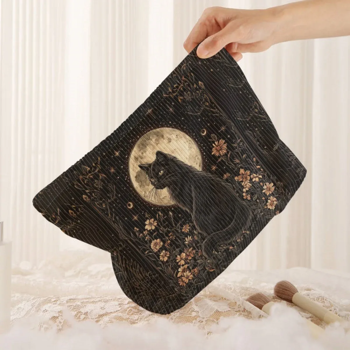 trousse de maquillage en velours côtelé à motif chat, boîte de rangement légère à fermeture éclair, sac multifonctionnel avec doublure, utilisé pour ranger les cosmétiques