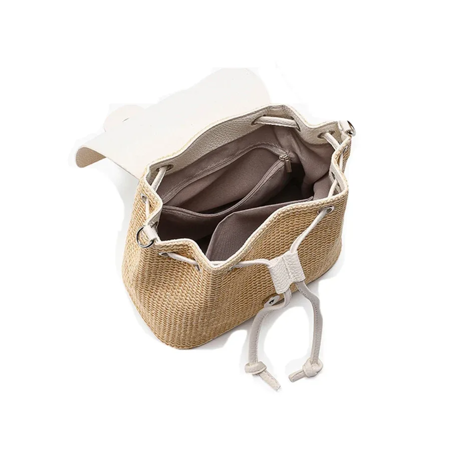 sac à dos en paille et en cuir synthétique pour femmes et adolescentes, sac à bandoulière, sac à cordon, sac de voyage pour femmes, sac à dos de grande capacité.